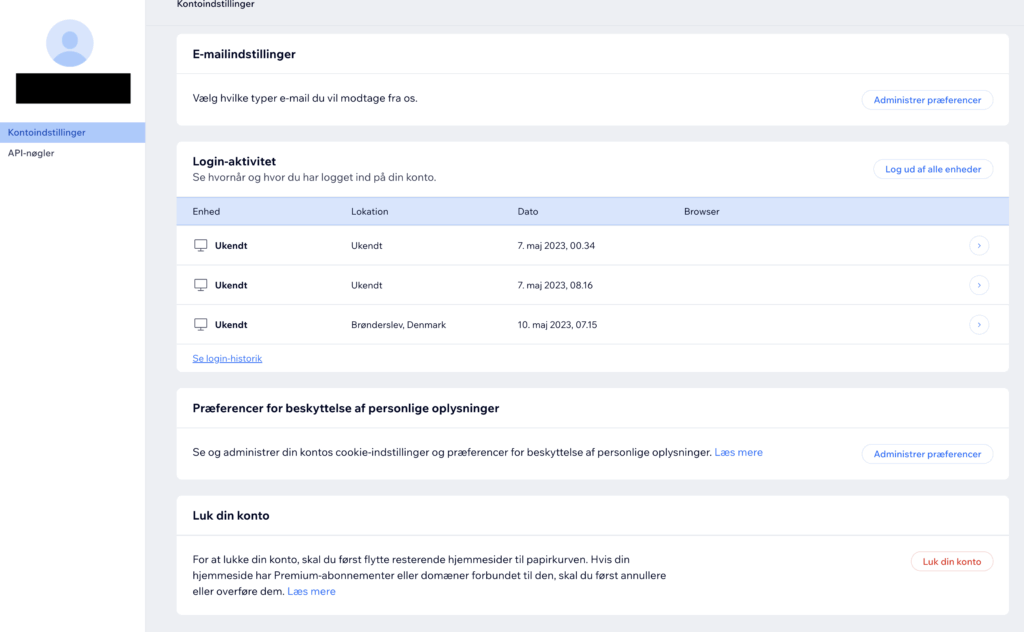 Luk din konto hos Wix